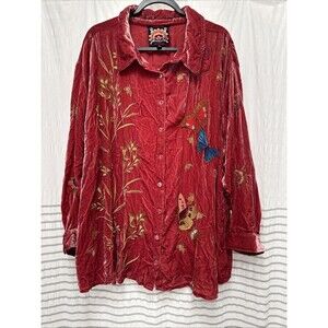 Johnny Was Tunic Shirt Button Up 3XL‎ Red Velvet Oversized Floral Embroidered